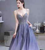 Beautiful Lavender Gradient Beaded Straps Long Formal Dress, A-Line Low Back Prom Dress HZ1023