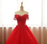Red Off Shoulder Long Party Dress, A-Line Tulle Evening Dress Formal Gown HZ1023