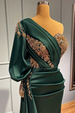Dark Green One-Shoulder Mermaid Beads Prom Dress With Appliques HZ1023