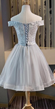 Cute Off The Shoulder Lace And Tulle Knee Length Party Dress, Homecoming Dress HZ1023