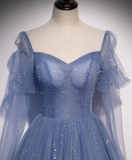 Blue Tulle Beaded Sweetheart Unique Long Prom Dress, Blue Evening Dress Formal Dress HZ1023