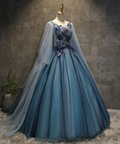 Blue Tulle Ball Gown Long Sweet 16 Dress With Lace Applique, Prom Dress HZ1023