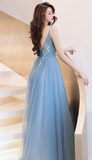 Charming Blue V-Neckline Tulle Party Dress With Staps, Long Prom Dress HZ1023