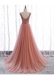Pink Long Sparkle Beaded Tulle Slit Prom Dress,Pink V-Neckline Evening Gown HZ1023