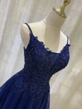 Navy Blue V-Neckline Tulle Short Homecoming Dress, Lace Applique Short Party Dress HZ1023