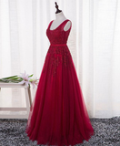 Charming Wine Red Bridesmaid Dress, Lace V-Neckline Party Gown HZ1023