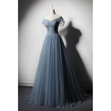 Grey-Blue Tulle Off Shoulder Beaded Long Prom Dress Party Dress, Long Evening Gowns HZ1023