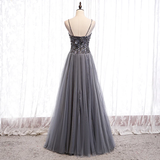 Grey Beaded Straps Sweetheart Shiny Tulle Long Party Dresses, Grey Long Prom Dresses HZ1023