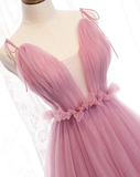 Charming Pink V-Neckline Straps Tulle Long Evening Dress, Pink Prom Dress HZ1023