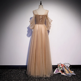 Champagne Tulle Long Puffy Sleeves Party Dresses, Beautiful Floor Length Prom Dresses HZ1023