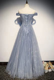 Beautiful Long Strapless Blue Tulle Beaded Long, A Line Off Shoulder Prom Dress HZ1023