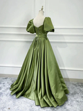 Green Satin Short Sleeves Long Evening Party Dresses, Green Formal Party Dresses HZ1023