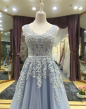 Light Blue V-Neckline Long Prom Dress, Blue Junior Prom Dress HZ1023