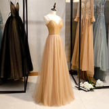 Champagne Sequins Tulle Straps Long Evening Dress Party Dress, Sweetheart Prom Dress HZ1023