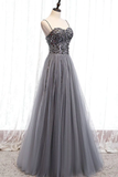 Beautiful Grey Beaded Tulle Prom Dresses, Straps Party Dress HZ1023