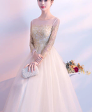 Beautiful Light Champagne Long Sleeves With Gold Applique, Charming Formal Gowns HZ1023