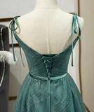Green Tulle Long Prom Dress, New V-Neckline Straps Long Party Dress HZ1023