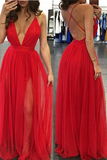 Red Deep V-Neck Long Prom Dress With Slit HZ1023