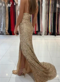 Gold Sequins Mermaid Prom Dress With Slit HZ1023