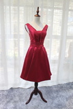 Beautiful Dark Red Satin V-Neckline Party Dress, Charming Short Homecoming Dress HZ1023