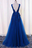 Elegant Blue Lace Applique Long Party Dress, Blue Prom Dress HZ1023