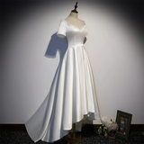 White Simple Beaded Short Sleeves High Low Wedding Party Dress, White Party Dress HZ1023