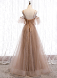 Champagne Tulle Off Shoulder Straps A-Line Prom Dress, Long Evening Dress Party Dress HZ1023