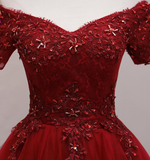 Tulle Dark Red Off The Shoulder Knee Length Homecoming Dress, Red Party Dress HZ1023