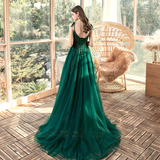 Green Beaded V-Neckline Straps Tulle Long Formal Dress, Dark Green A-Line Prom Dress HZ1023