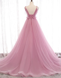 Charming Pink V-Neckline Straps Tulle Long Evening Dress, Pink Prom Dress HZ1023