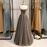 Glam Grey Beaded Tulle Long Evening Dress Party Dress, A-Line Straps Evening Formal Dresses Prom dress HZ1023