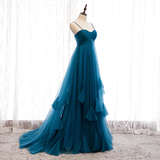 Beautiful Teal Blue Tulle Straps Long High Waist Prom Dress, Blue Evening Party Dresses HZ1023