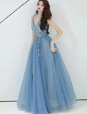 Charming Blue V-Neckline Tulle Party Dress With Staps, Long Prom Dress HZ1023