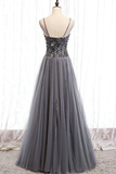 Beautiful Grey Beaded Tulle Prom Dresses, Straps Party Dress HZ1023