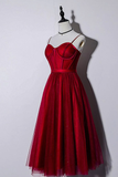Beautiful Dark Red Tea Length Straps Wedding Party Dress, Homecoming Dress HZ1023
