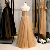 Champagne Sequins Tulle Straps Long Evening Dress Party Dress, Sweetheart Prom Dress HZ1023