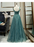 Green Tulle Long Prom Dress, New V-Neckline Straps Long Party Dress HZ1023