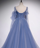Blue Tulle Beaded Sweetheart Unique Long Prom Dress, Blue Evening Dress Formal Dress HZ1023