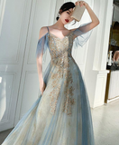 Charming Lace Light Blue V-Neckline Long Prom Dress, A-Line Formal Dress Evening Dress HZ1023