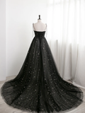 Black Sweetheart Tulle Straps Long Evening Dress, Black Formal Dress Party Dresses Prom dress HZ1023