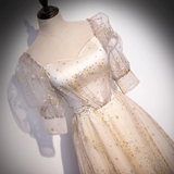 Light Champagne Short Sleeves Tulle Long Formal Dress, A-Line Floor Length Party Dresses HZ1023