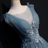 Beautiful Blue Tulle Long Party Dress, A-Line Prom Dress With Lace Applique HZ1023