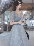 Lovely Grey Shiny Tulle V-Neckline Puffy Sleeves Long Prom Dresses, Grey Evening Dresses HZ1023
