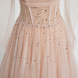 Pearl Pink Off Shoulder Long Sleeves Sequins Prom Dress, A-Line Party Dress Formal Dress HZ1023