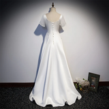 White Simple Beaded Short Sleeves High Low Wedding Party Dress, White Party Dress HZ1023