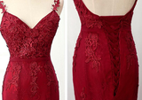 Charming Mermaid Lace Burgundy Prom Dress, Tulle Long Evening Dress HZ1023