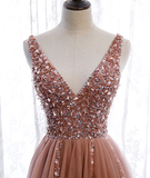 Pink Long Sparkle Beaded Tulle Slit Prom Dress,Pink V-Neckline Evening Gown HZ1023