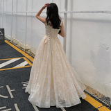 Champagne Lace V-Neckline Tulle Long Evening Dress Prom Dress, A-Line Lace Formal Dresses HZ1023