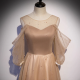 Champagne Tulle Long Puffy Sleeves Party Dresses, Beautiful Floor Length Prom Dresses HZ1023