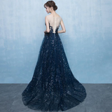 Beautiful Blue Tulle With Lace Round Neckline Prom Dress, Blue Prom Dress HZ1023